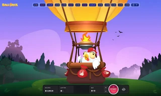 A colorful animated hot air balloon with a cartoon chicken inside, set against a scenic landscape with hills and a purple sky, featuring a game interface with betting options and a start button.