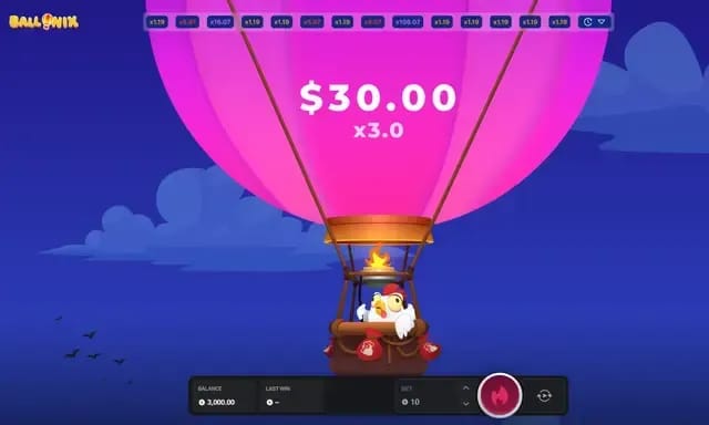 A pink hot air balloon with a cartoon chicken inside displays a $30.00 win with a 3.0 multiplier on a blue sky background, part of a game interface showing balance, last win, and bet amount.