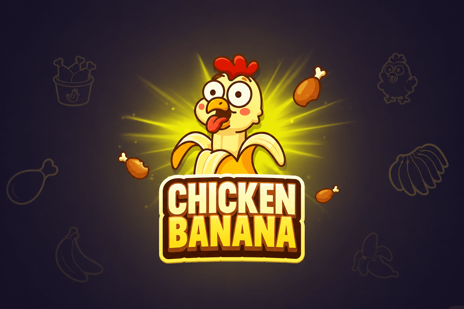A cartoon chicken with a banana body and a surprised expression is surrounded by glowing chicken drumsticks, with the bold text "CHICKEN BANANA" below it on a dark background.