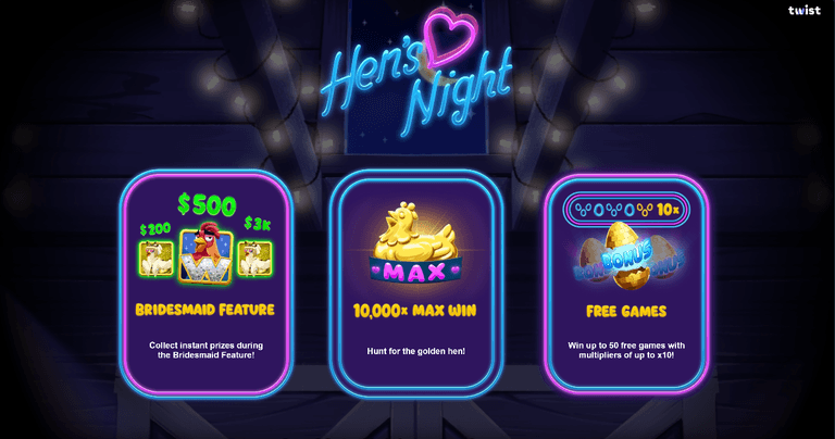 Hen's Night game features including Bridesmaid Feature with instant prizes, 10,000x max win hunting for the golden hen, and Free Games offering up to 50 free games with multipliers up to 10x.