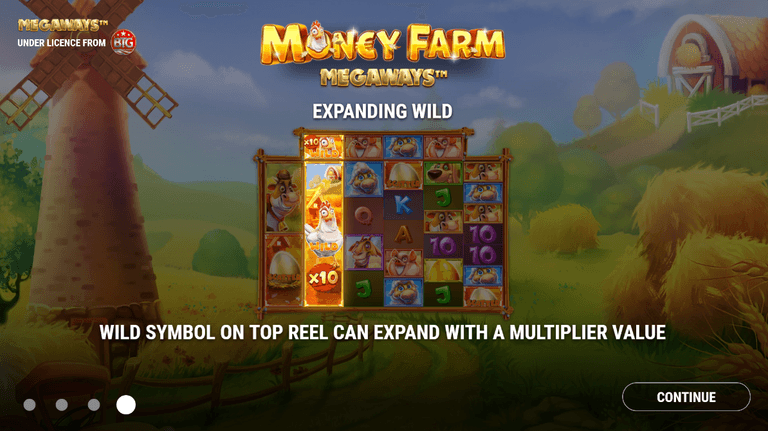 Money Farm Megaways slot game screen showing expanding wild feature with a wild symbol expanding on the top reel and a multiplier value, set against a farm background with a windmill and barn.
