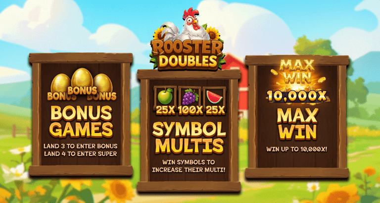 Rooster Doubles game features bonus games triggered by landing 3 or 4 bonuses, symbol multipliers for apples, grapes, and watermelons, and a max win of 10,000x.