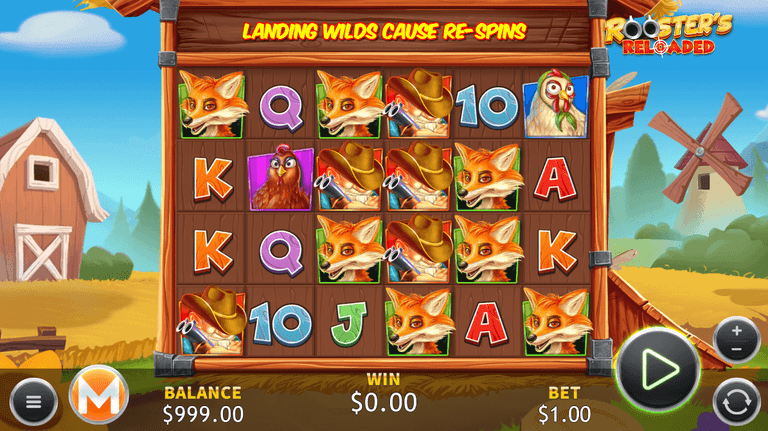 Colorful slot machine game screen titled "Rooster's Reloaded" featuring various animal and letter symbols on wooden panels with a farm background, showing a balance of $999.00 and a bet of $1.00.