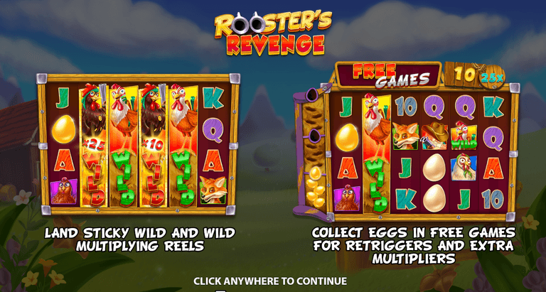 Rooster's Revenge slot game screen showing reels with wild and multiplying symbols on the left and free games feature with egg collection and multipliers on the right.