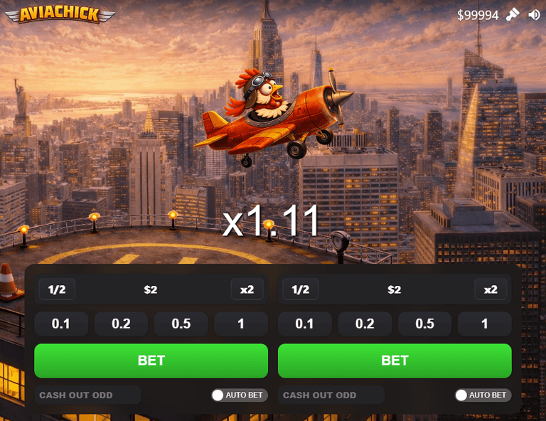 A cartoon chicken pilot flying a small orange airplane over a city skyline at sunset, with a game interface showing betting options and a multiplier of x1.11.