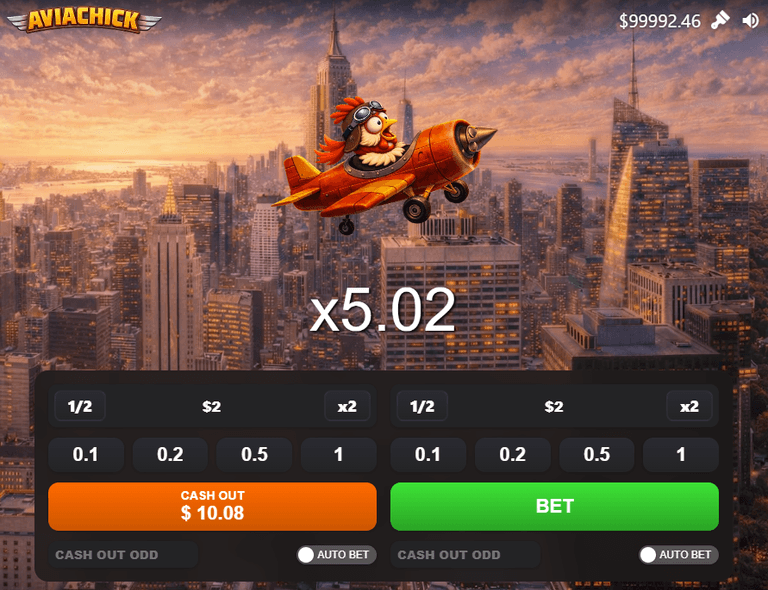 A cartoon chicken flying an orange airplane over a cityscape at sunset with a multiplier of x5.02 displayed, alongside betting options and a cash out button showing $10.08.
