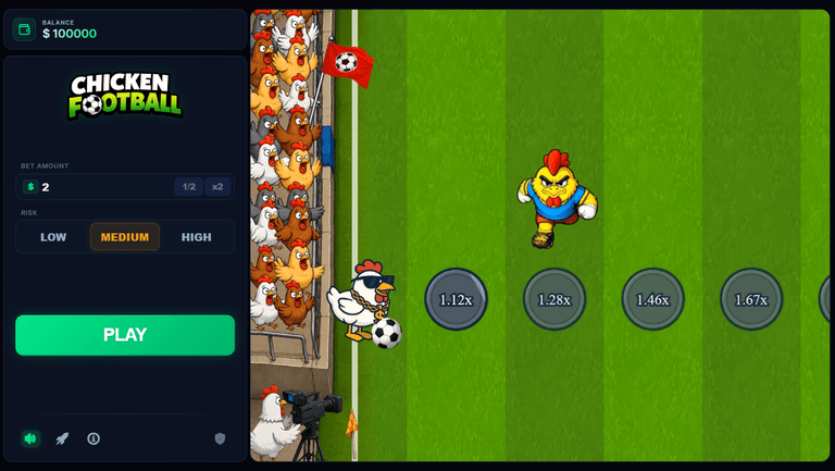 Online game interface showing a cartoon chicken football game with betting options, a balance of $100,000, and a play button on the left, and animated chickens on a soccer field on the right.