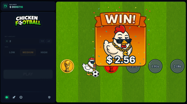 Chicken Football game interface showing a balance of $99997.16, a $2 bet amount with medium risk selected, and a win notification of $2.56 featuring a cartoon chicken wearing sunglasses and a gold chain.