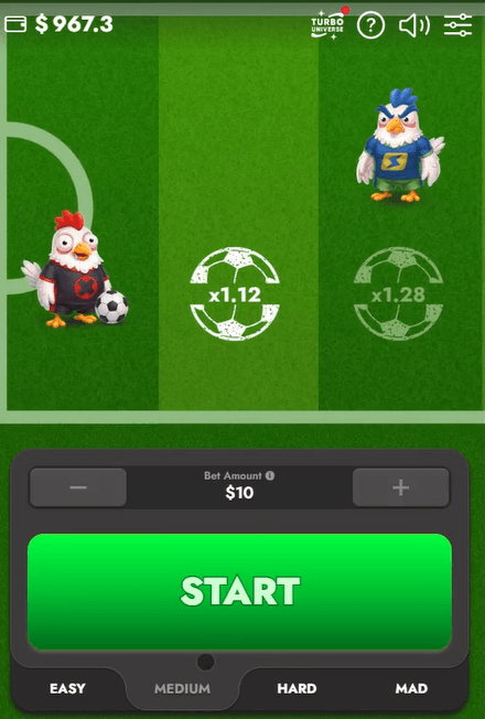 A game screen showing two cartoon chickens on a soccer field with multipliers x1.12 and x1.28, a $967.3 balance, a $10 bet amount, and a large green "START" button with difficulty options labeled Easy, Medium, Hard, and Mad.