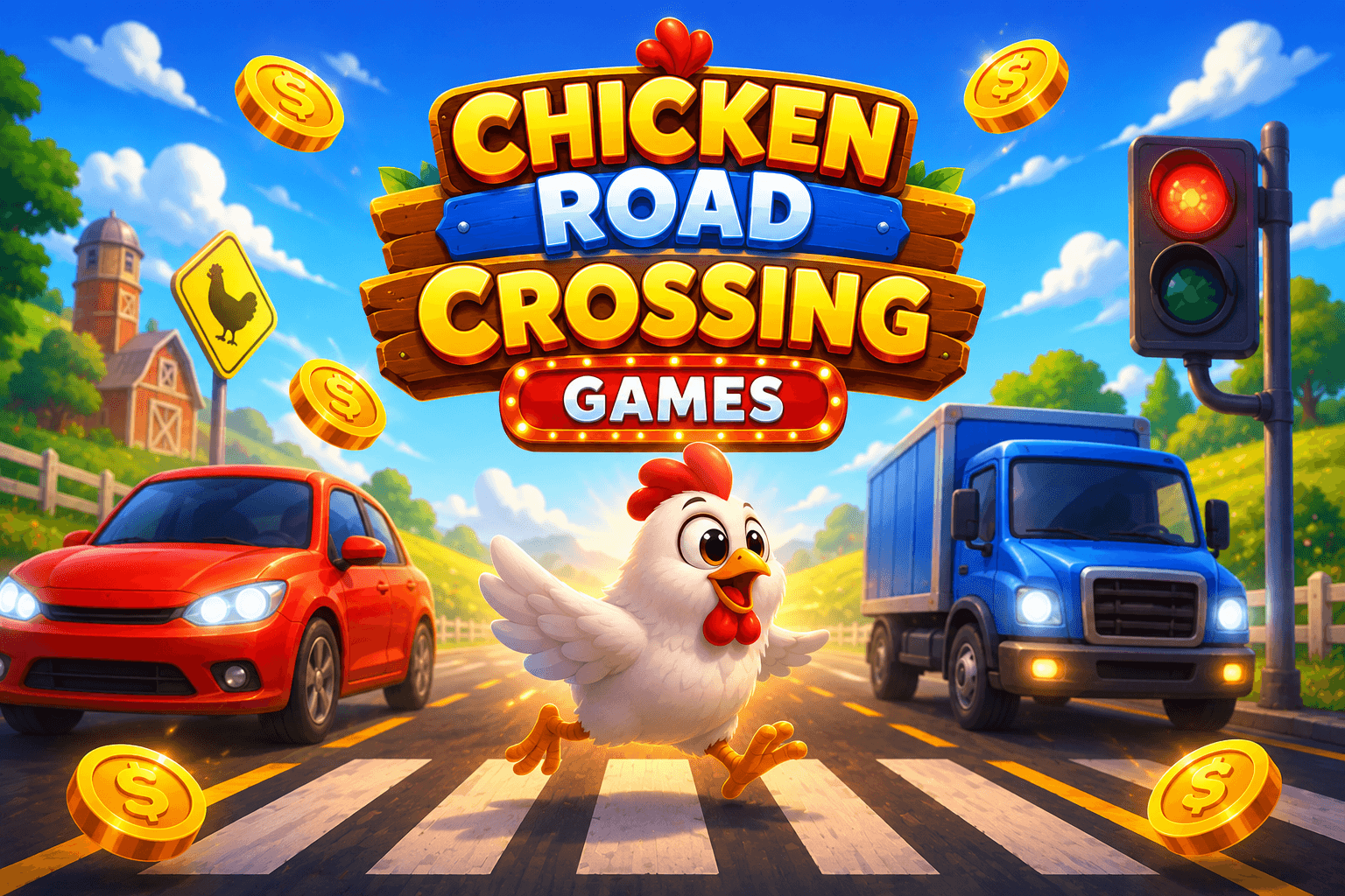 A cartoon chicken crossing a road at a pedestrian crosswalk between a red car and a blue truck, with a traffic light showing red and a chicken crossing sign in the background, surrounded by floating gold coins and the text "Chicken Road Crossing Games" above.