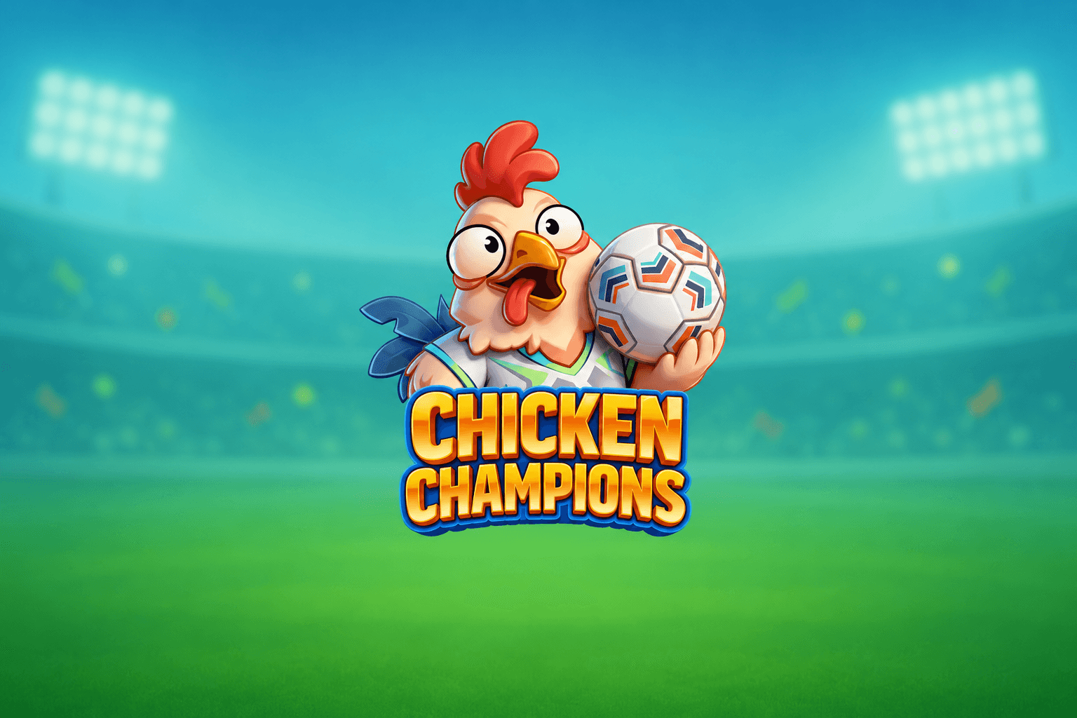 A cartoon chicken holding a soccer ball with the text "Chicken Champions" in bold yellow letters, set against a blurred stadium background.