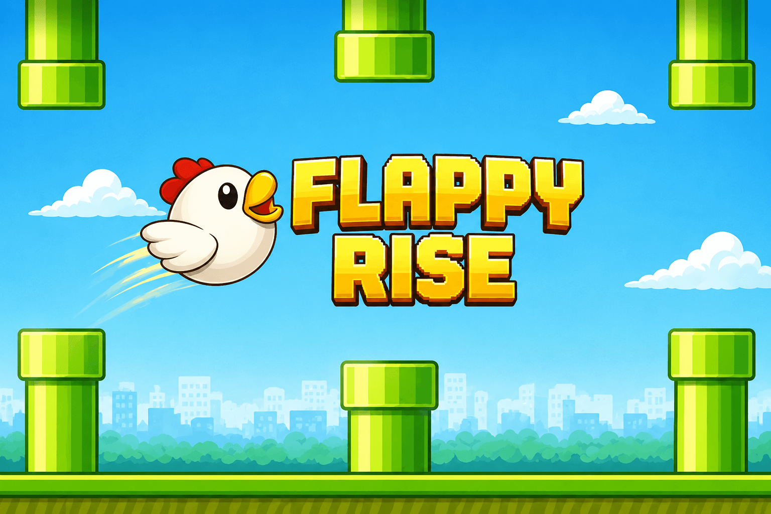 A cartoon chicken flying through green pipes with the bold yellow text "FLAPPY RISE" against a blue sky with clouds and a cityscape in the background.