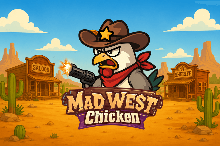A cartoon chicken dressed as a cowboy with a hat and red bandana, firing a revolver in a Wild West desert town with buildings labeled "Saloon" and "Sheriff" in the background, with the text "Mad West Chicken" prominently displayed.