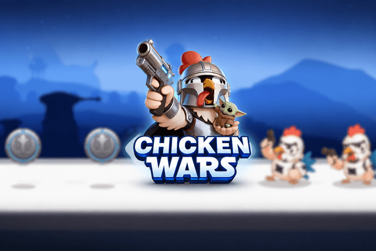 A cartoon chicken wearing a helmet and armor, holding a futuristic gun and a small green alien figure, with the text "CHICKEN WARS" below. Two other armed chickens and two silver coins are blurred in the background against a blue gradient backdrop.