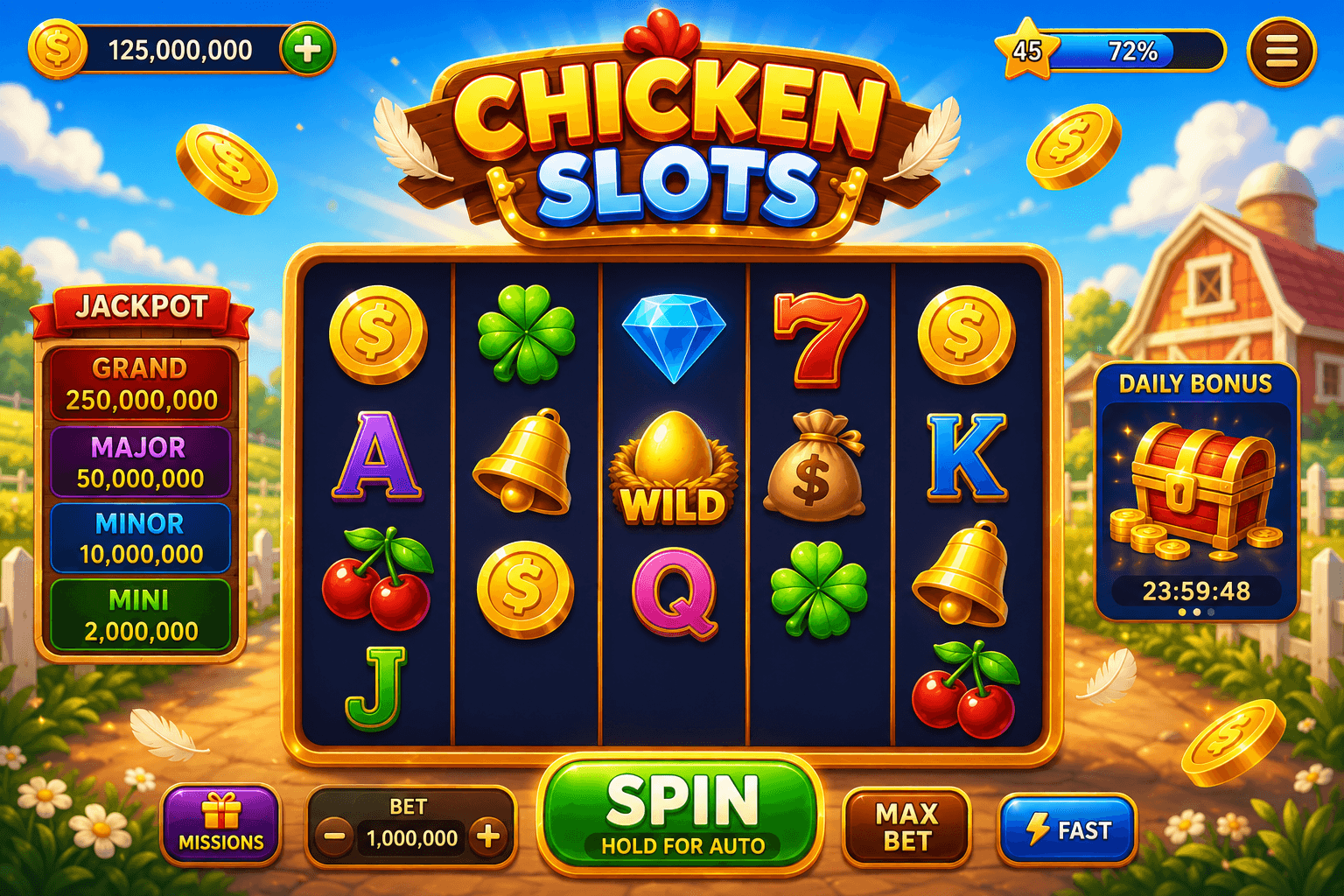 Colorful Chicken Slots game interface showing a slot machine with various symbols like coins, clovers, diamonds, and cherries, alongside jackpot amounts and buttons for spin, max bet, and missions.