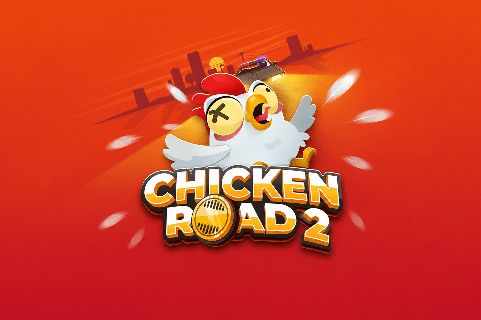 Logo for the game "Chicken Road 2" featuring a cartoon chicken with crossed-out eyes and a police car with flashing lights in the background against a red and orange gradient backdrop.