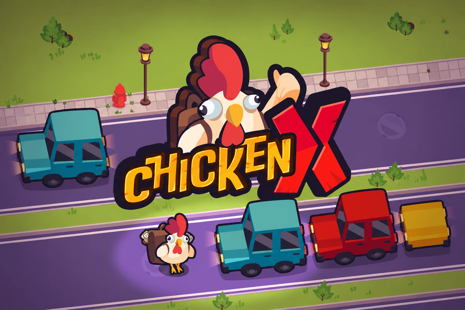 Cartoon-style logo for the game "Chicken X" featuring a wide-eyed chicken and colorful cars on a road with grass and trees.