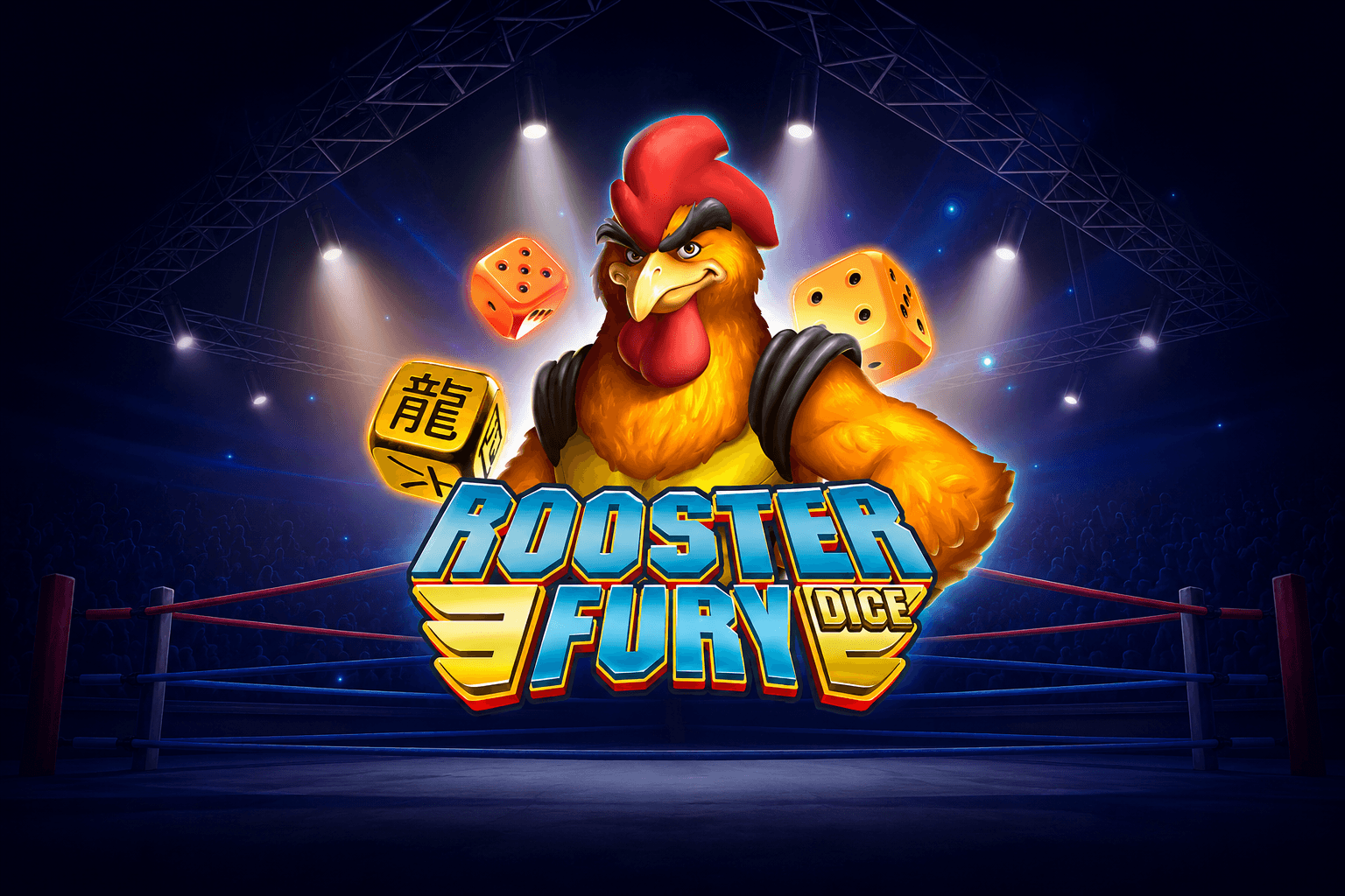 A muscular cartoon rooster with boxing gloves stands in a lit boxing ring with three dice floating around it, accompanied by the bold text "Rooster Fury Dice."