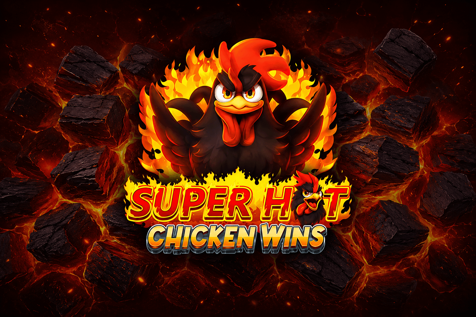 A fiery cartoon chicken with an intense expression surrounded by flames, with the bold text "SUPER HOT CHICKEN WINS" below it against a background of glowing lava and dark rocks.