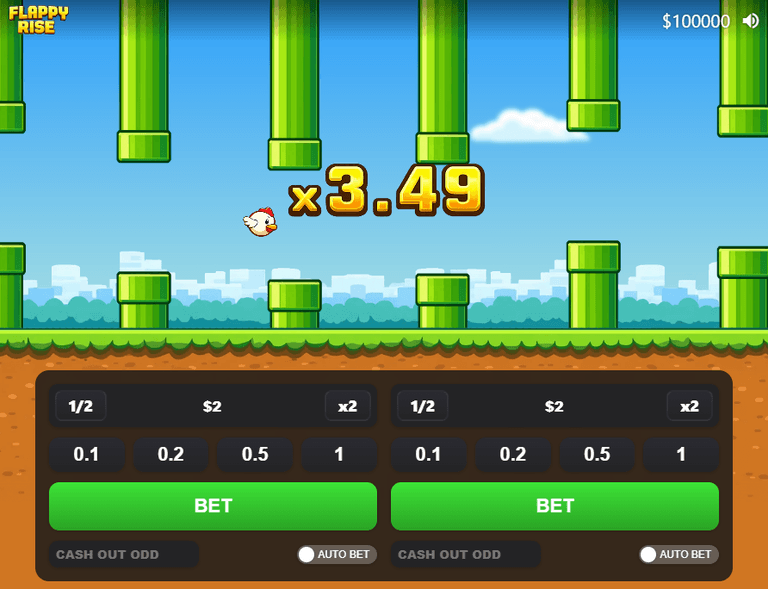 A Flappy Rise game screen showing a bird flying between green pipes with a multiplier of x3.49 displayed. The bottom section includes betting options with amounts and auto bet toggles.